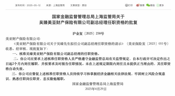 配资平台官网网址 美亚保险副总经理吴臻任职资格获核准
